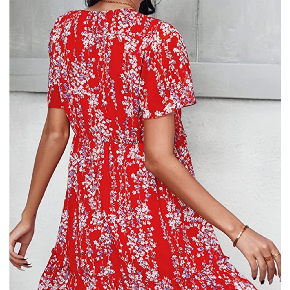 Women’s Summer Dress Ruffle V Neck Tunic Dress Floral Casual Loose flowy dress - Picture 6 of 11